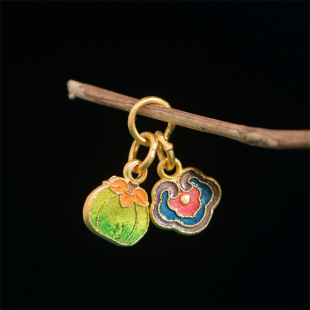 恋金 足金珐琅烧蓝柿柿如意小吊坠 宫廷手工古法黄金配件配饰