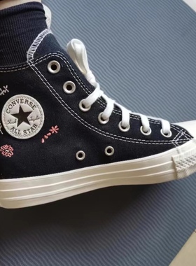 CONVERSE正品匡威ALLSTAR黑色刺绣小花男女鞋帆布鞋A01585c