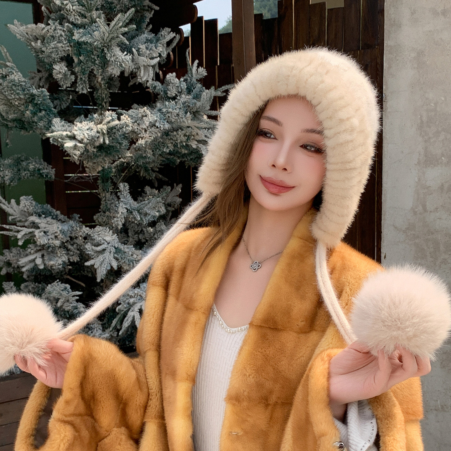 真水貂毛配针织帽狐狸毛球毛绒帽女冬季加厚保暖防寒护耳貂皮帽子