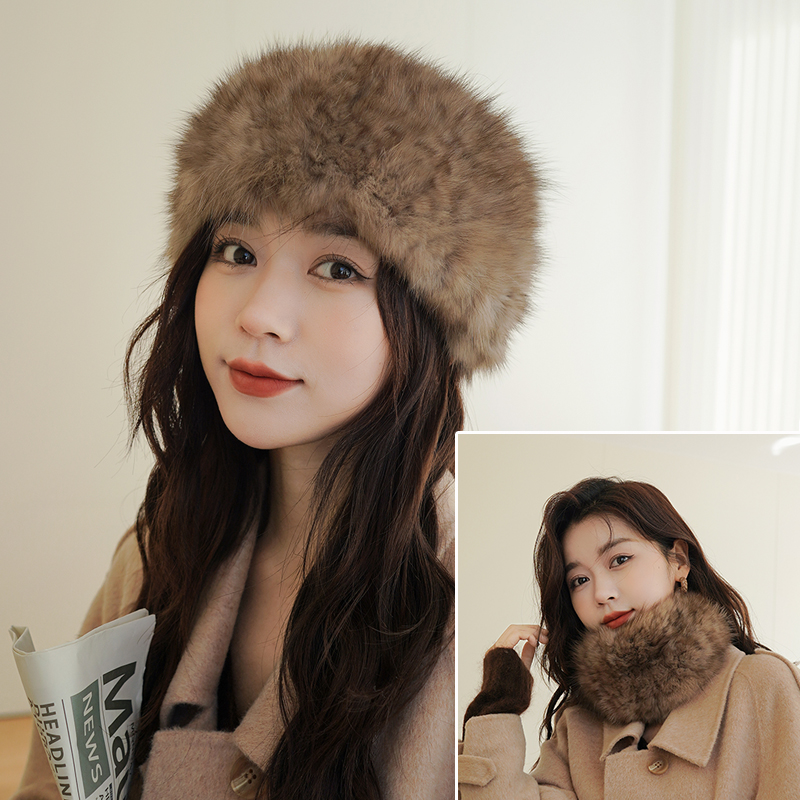 冬季韩版女士保暖紫貂毛双面编织皮草围脖帽子两用水貂毛脖套发箍