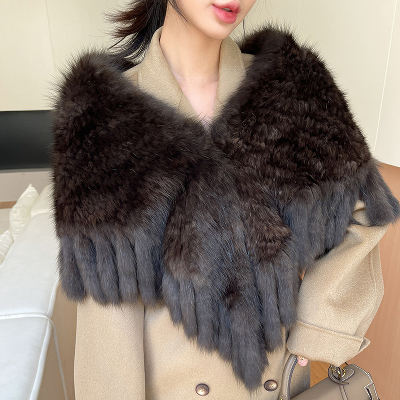 高贵女士紫貂毛裘皮三角流苏晚宴礼服皮草披肩冬季韩版貂皮大围巾