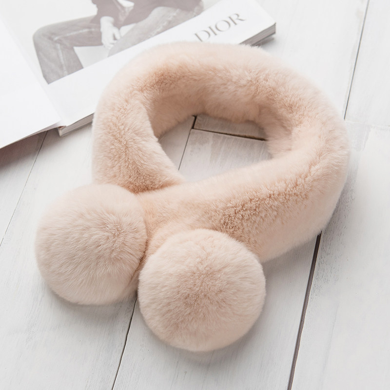 冰奴寒域 女式冬季保暖甜美獭兔毛球球围脖双面兔毛整皮围巾真毛