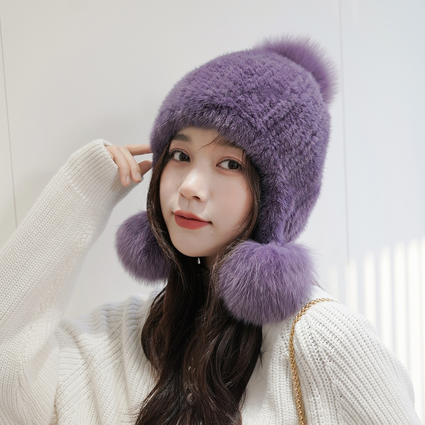 新款冬季保暖水貂皮草帽子女双面貂毛编织配狐狸毛球大护耳弹力帽