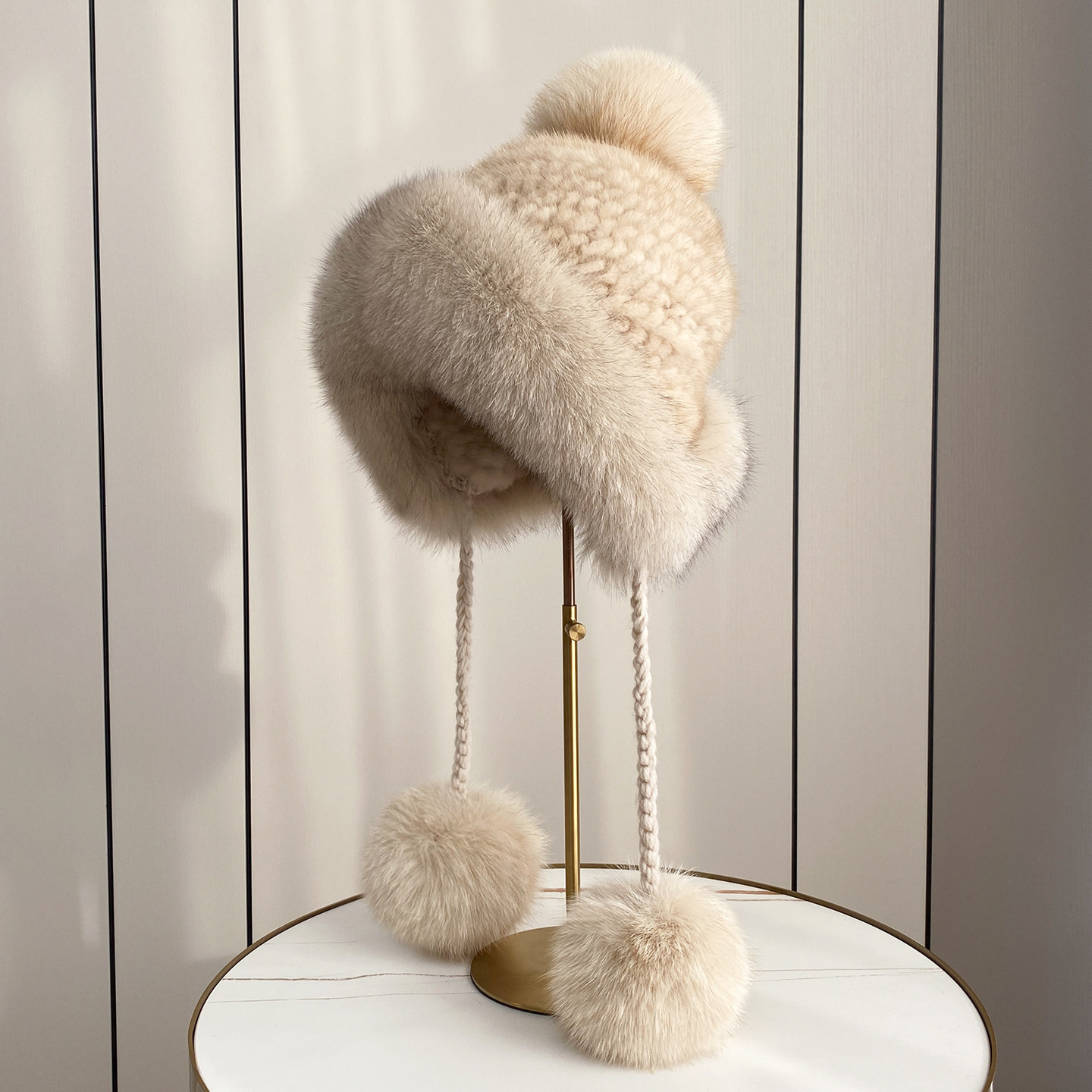 新款冬季保暖水貂毛编织狐狸毛护耳皮草帽子女可爱真毛球球风雪帽