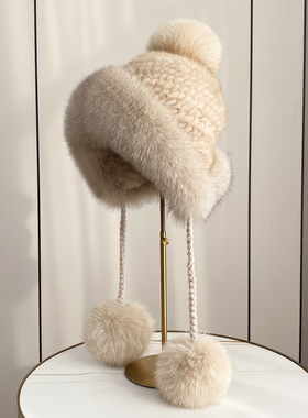 新款冬季保暖水貂毛编织狐狸毛护耳皮草帽子女可爱真毛球球风雪帽