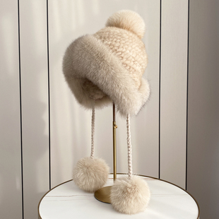 新款冬季保暖水貂毛编织狐狸毛护耳皮草帽子女可爱真毛球球风雪帽