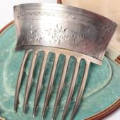 SOLD精灵西洋首饰Victorian大型手工錾花叶蔓复古银发梳古董发钗