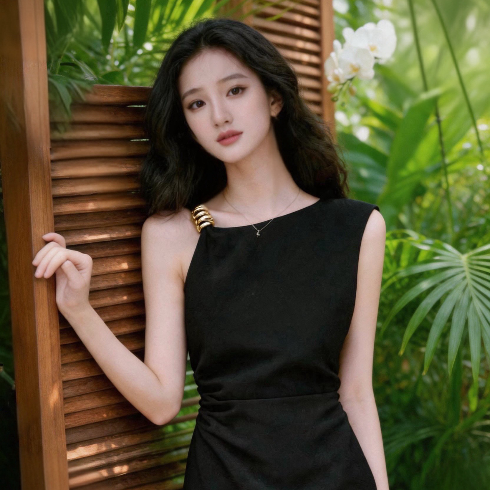 法式金属镶饰斜领不对称抽褶黑色连衣裙女夏季设计气质显瘦中长裙
