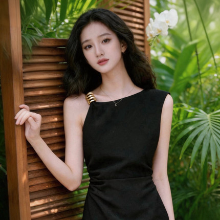 法式金属镶饰斜领不对称抽褶黑色连衣裙女夏季设计气质显瘦中长裙