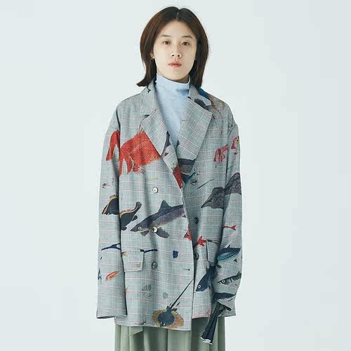 MuteRumours哑谜 伊藤若冲 格纹底印花西装 宽松 后开叉