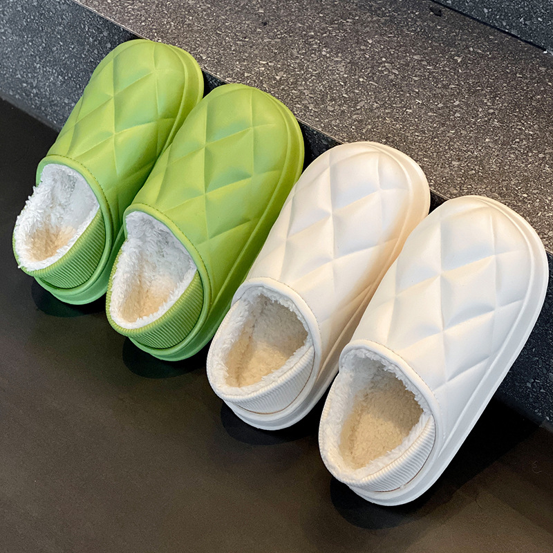 小魔方/ 秋冬季包跟格子防水棉拖鞋女情侣家居室内加绒保暖棉拖