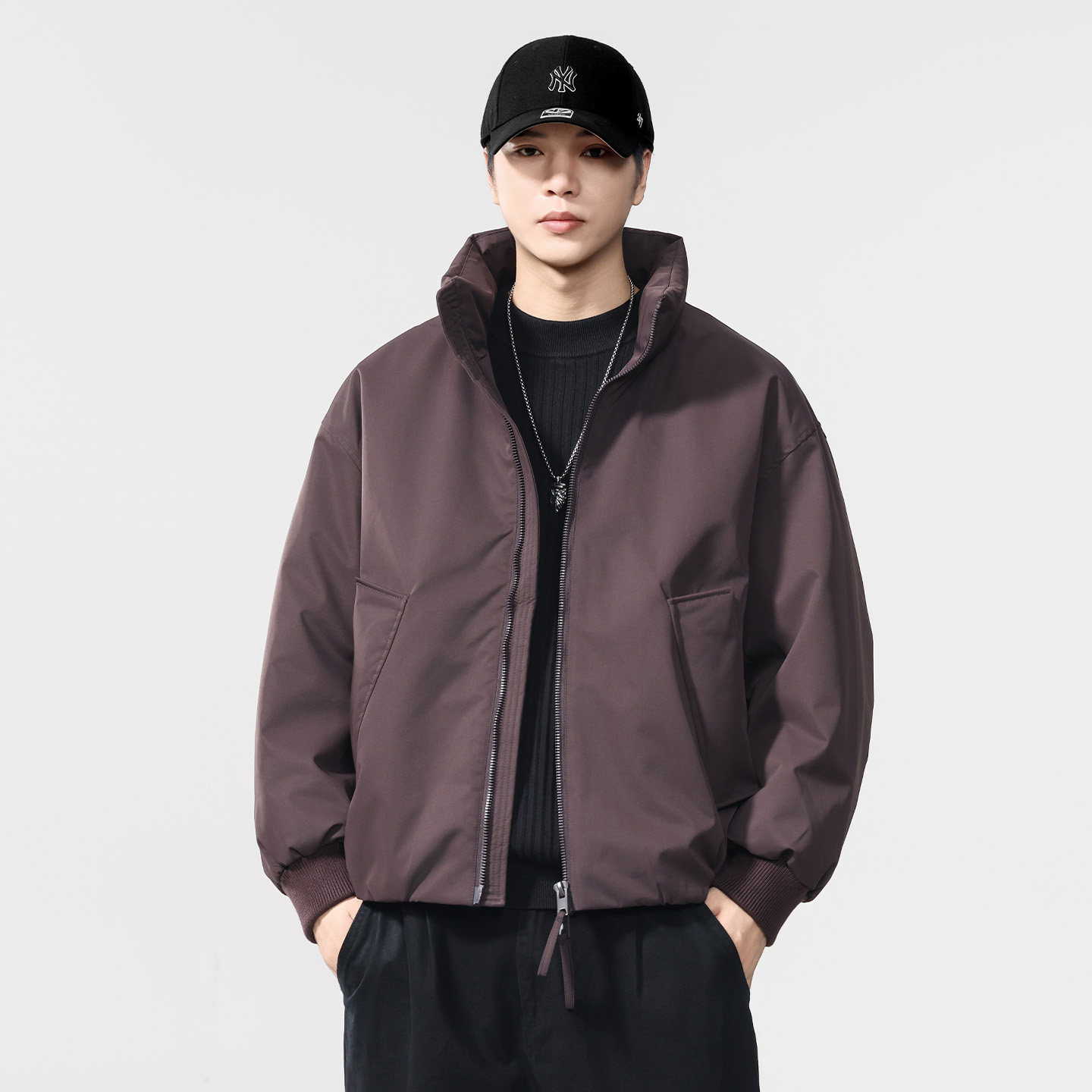 美式轻奢高级感立领羽绒服男御寒保暖宽松外套冬季新品暗紫色夹克