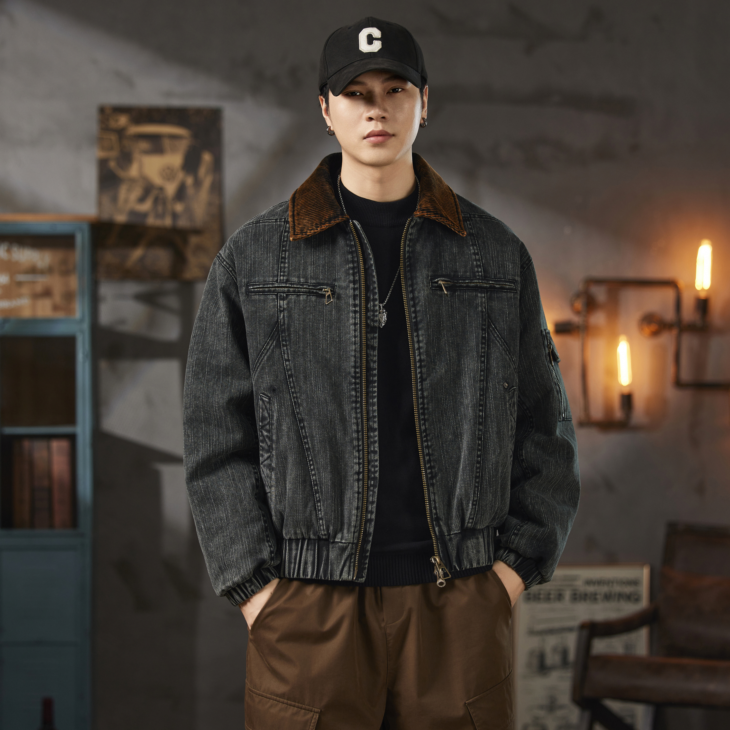 高奢欧美宽松拉链牛仔羽绒服外套