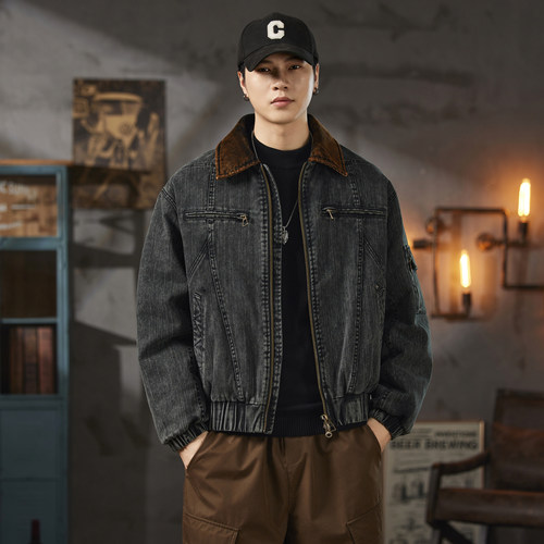 高奢欧美宽松拉链牛仔羽绒服外套