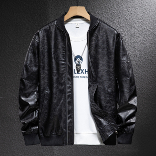 宽松拉链皮衣男立领高端黑色复古PU皮夹克无领秋冬款 机车外套 大码