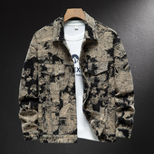 高端重磅牛仔外套男衣秋冬设计感国潮宽松夹克衫 复古提花大码 伽克