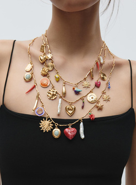 2025欧美夏日设计感小众多层爱心金属项链走秀气质necklace