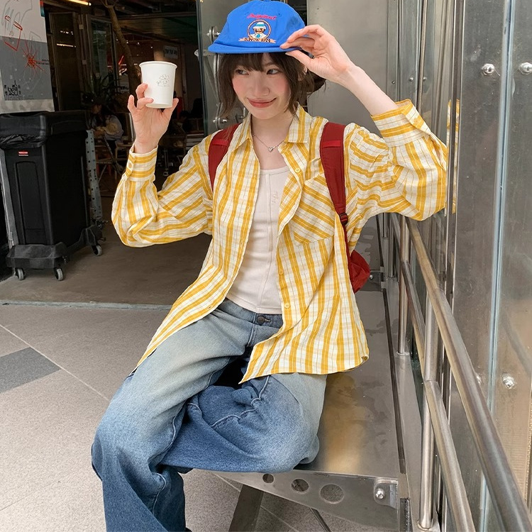 撞色格纹长袖衬衫女2025春秋新款