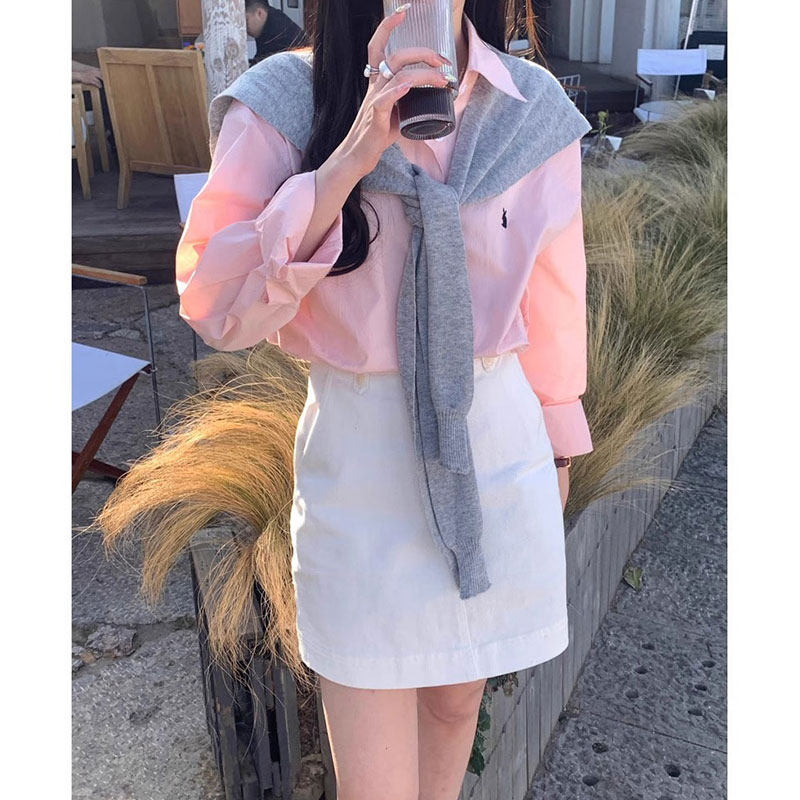 2025设计感韩系芝芝桃桃粉衬衫女春夏纯棉宽松刺绣长袖披肩衬衣