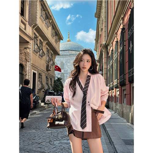 设计感落肩袖衬衫女2025年初秋新款小众衬衣百搭长袖薄外套上衣