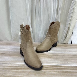 侧拉链时装 圆头纯色粗跟复古时尚 短靴 Shoes外贸原单女靴新款 Lady