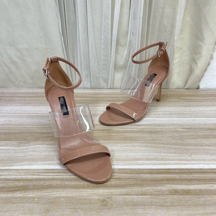 Lady Shoes外贸原单女鞋新款时尚圆头纯色细跟一字扣高跟时装凉鞋