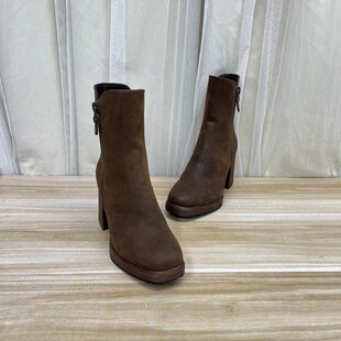 外贸原单女靴新款方头粗跟厚底纯色内里带毛时尚显高洋气百搭短靴