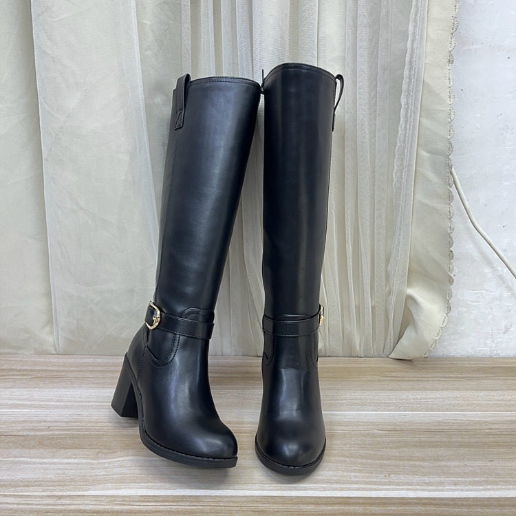 外贸原单女靴新款时尚百搭圆头纯色粗高跟侧拉链皮带扣时装长筒靴,女鞋,时装靴,淘宝优惠券,粉丝福利购,淘宝优惠卷
