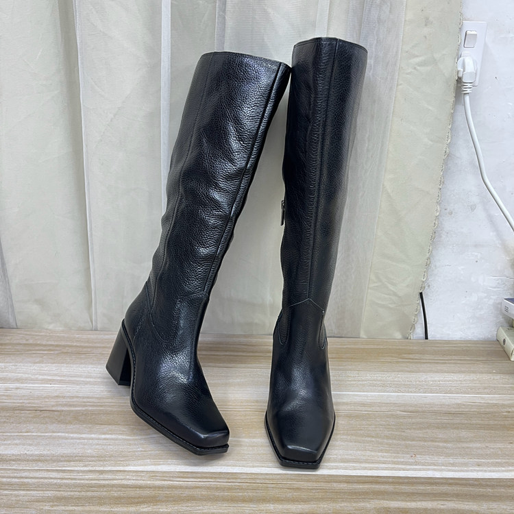 外贸原单女鞋真皮新款shoes时尚方头纯色粗高跟侧拉链时装长靴