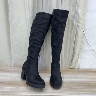 圆头纯色粗高跟防水台侧拉链长靴 时尚 Lady Shoes外贸原单女靴新款