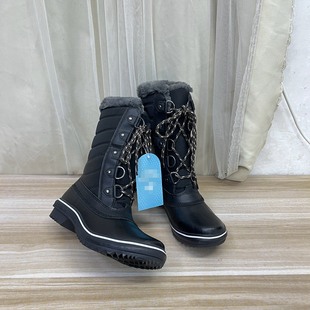 外贸原单女靴微瑕内里加毛保暖时尚圆头纯色粗跟系带毛毛中筒靴