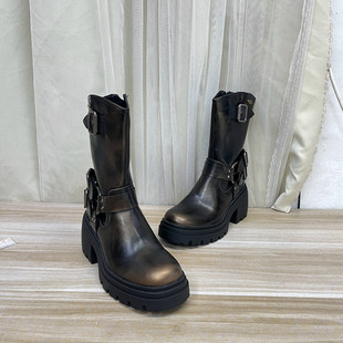 圆头厚底粗跟皮带扣时装 外贸原单女靴新款 短靴骑士靴 Shoes Lady
