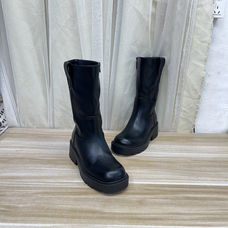 外贸原单女靴新款时尚shoes圆头纯色粗跟侧拉链百搭中筒靴时装靴