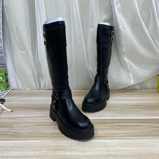 外贸原单女靴圆头纯色粗跟厚底侧拉链皮带扣时尚 靴 百搭长靴时装