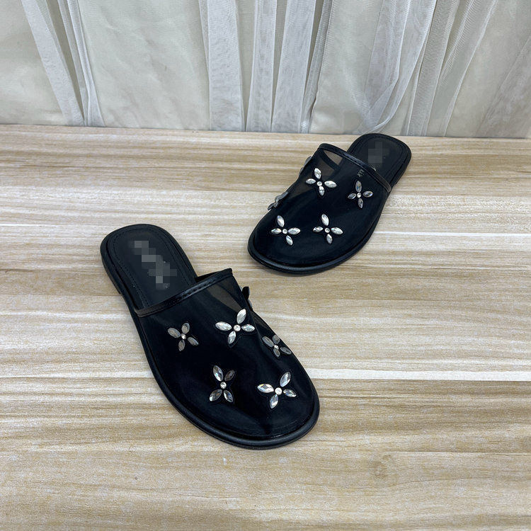 外贸原单女鞋平底网面包头带钻花朵舒适时尚百搭简约休闲凉鞋