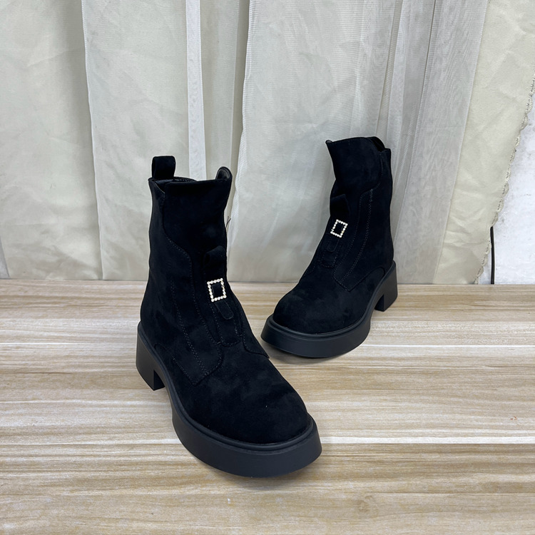 外出口女靴圆头纯色厚底粗跟防水台新款侧拉链时装短靴机车靴