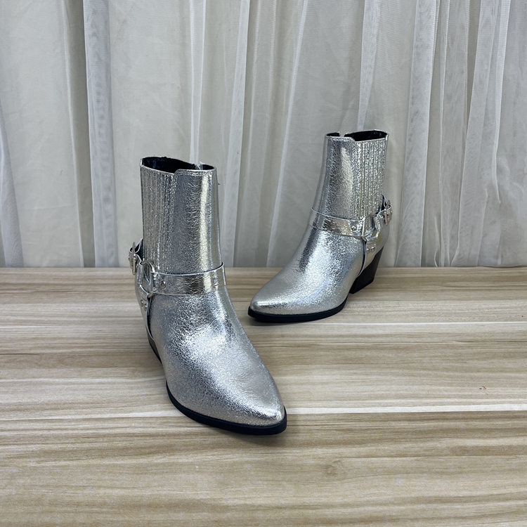 外贸原单女靴新款尖头纯色时尚气质粗高跟皮带扣侧拉链及踝短靴