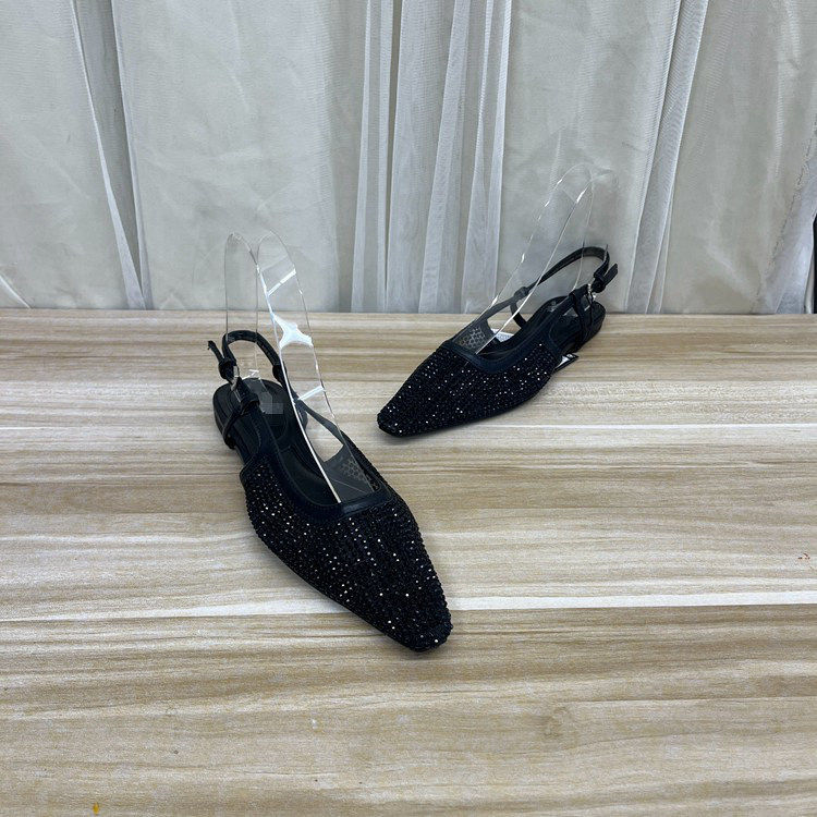 外贸原单女鞋新款气质尖头带钻浅口时尚平底单鞋一字扣包头凉鞋