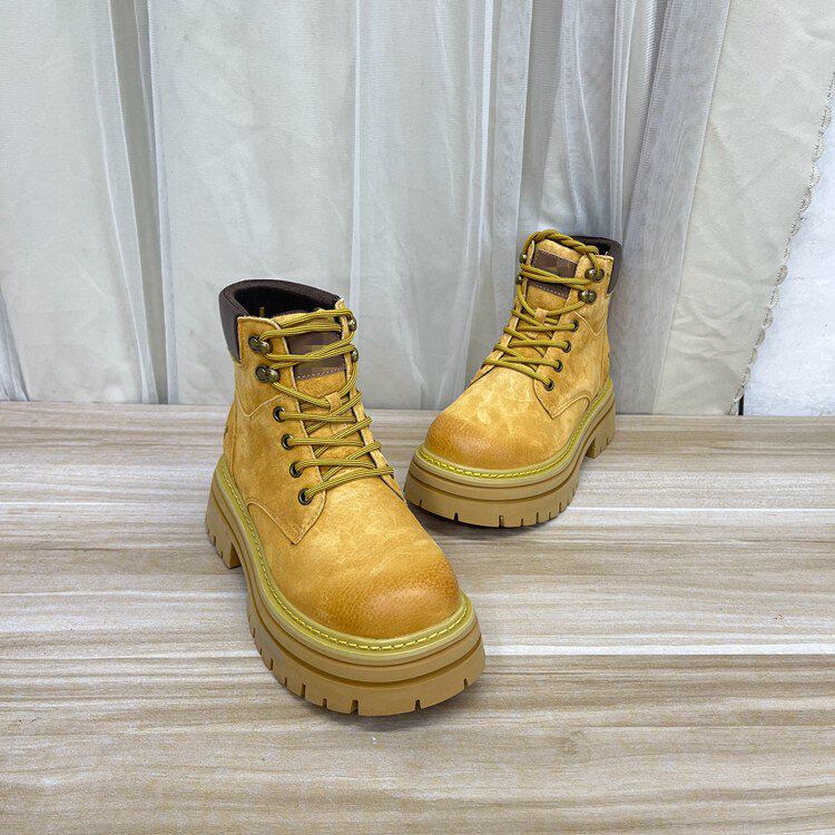 外面原单女靴真皮微瑕圆头纯色厚底粗跟系带短靴时尚户外登山靴