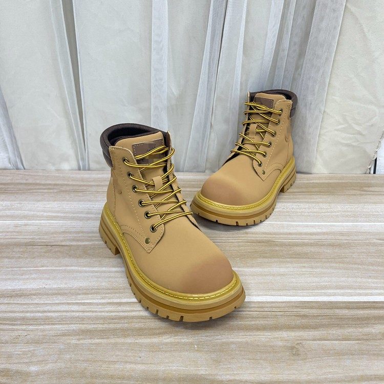 外贸原单女靴真皮微瑕圆头纯色厚底内里加毛加厚系带短靴登山靴