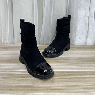 外贸原单女靴新款圆头纯色英伦风弹力布侧拉链内里带毛短靴冬靴