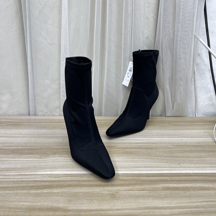 外贸原单尖头细跟短靴女鞋套筒瘦瘦靴纯色时尚百搭款