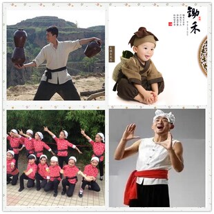 儿童农民服装阿宝服木制小锄头王二小表演服放牛放羊娃演出服锄禾