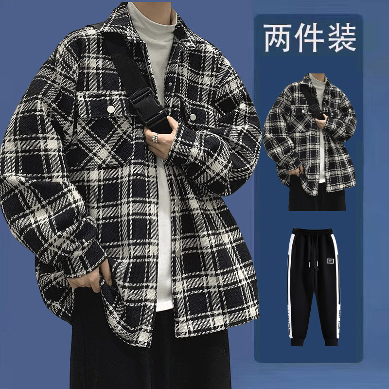 男生春秋季套装痞帅气小香风格子外套毛呢夹克高级感一套大码男装
