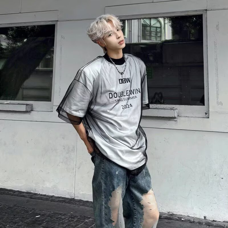 美式复古假两件网纱短袖男夏季