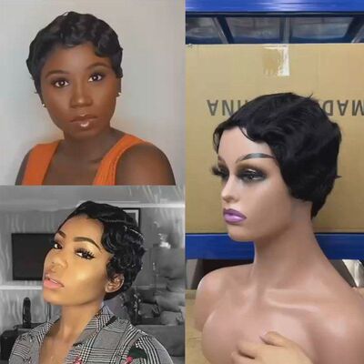 假发全头套女真人发丝上海复古头假发短卷发human hair pixie wig