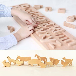 儿童宝宝启蒙木制英文字母小写拼版积木 早教木制科教具森林动物