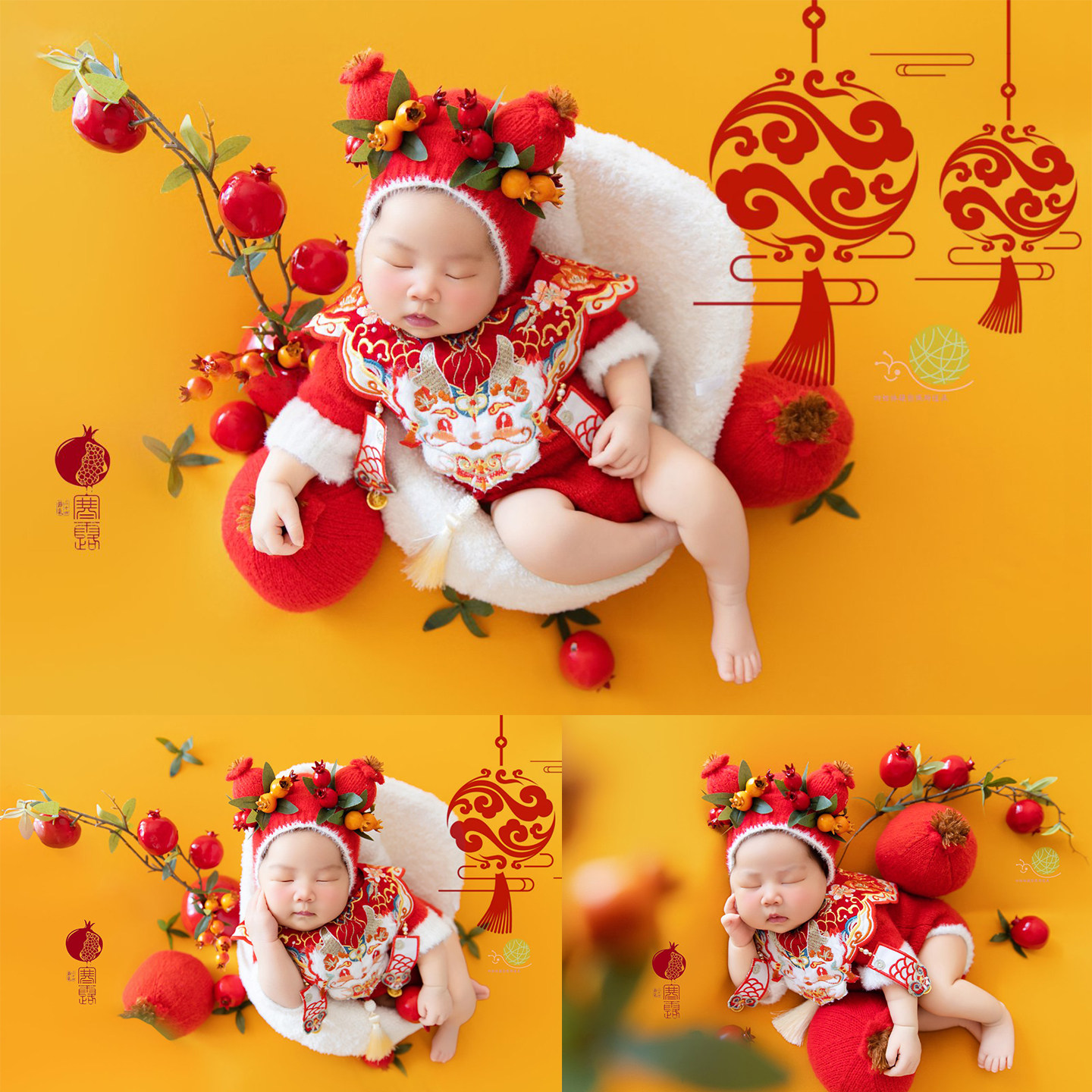 婴儿写真国风服装摄影道具宝宝满月照服饰影楼艺术照石榴中式主题