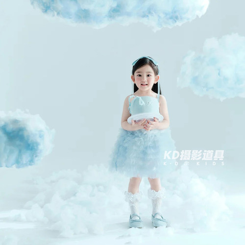 新品女宝宝周岁照主题 影楼小儿童摄影连衣裙蓝色女孩服装KD道具