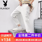 Playboy mùa hè mỏng phần trắng chín điểm quần jeans nam thương hiệu quần ống rộng thẳng 9 điểm quần Hàn Quốc xu hướng - Quần mỏng